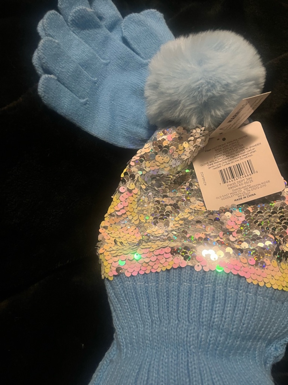 Kids Light Blue Sequin Pom Pom Beanie and Glove Set